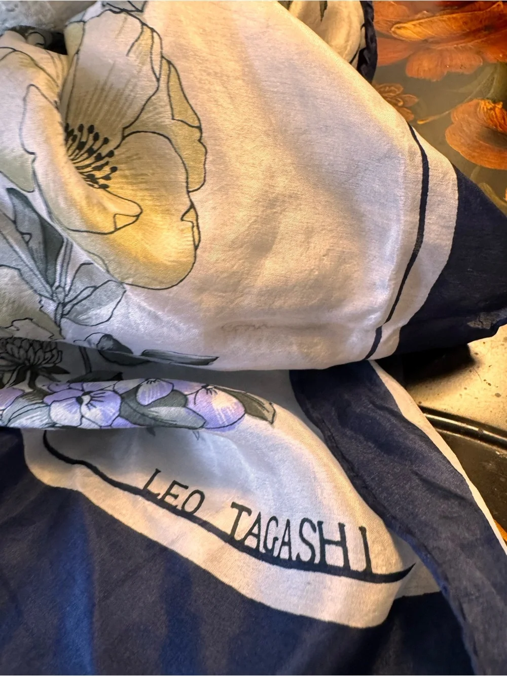 Leo Tagashi Large Floral 100% Silk-Scarf in Navy & Cream
